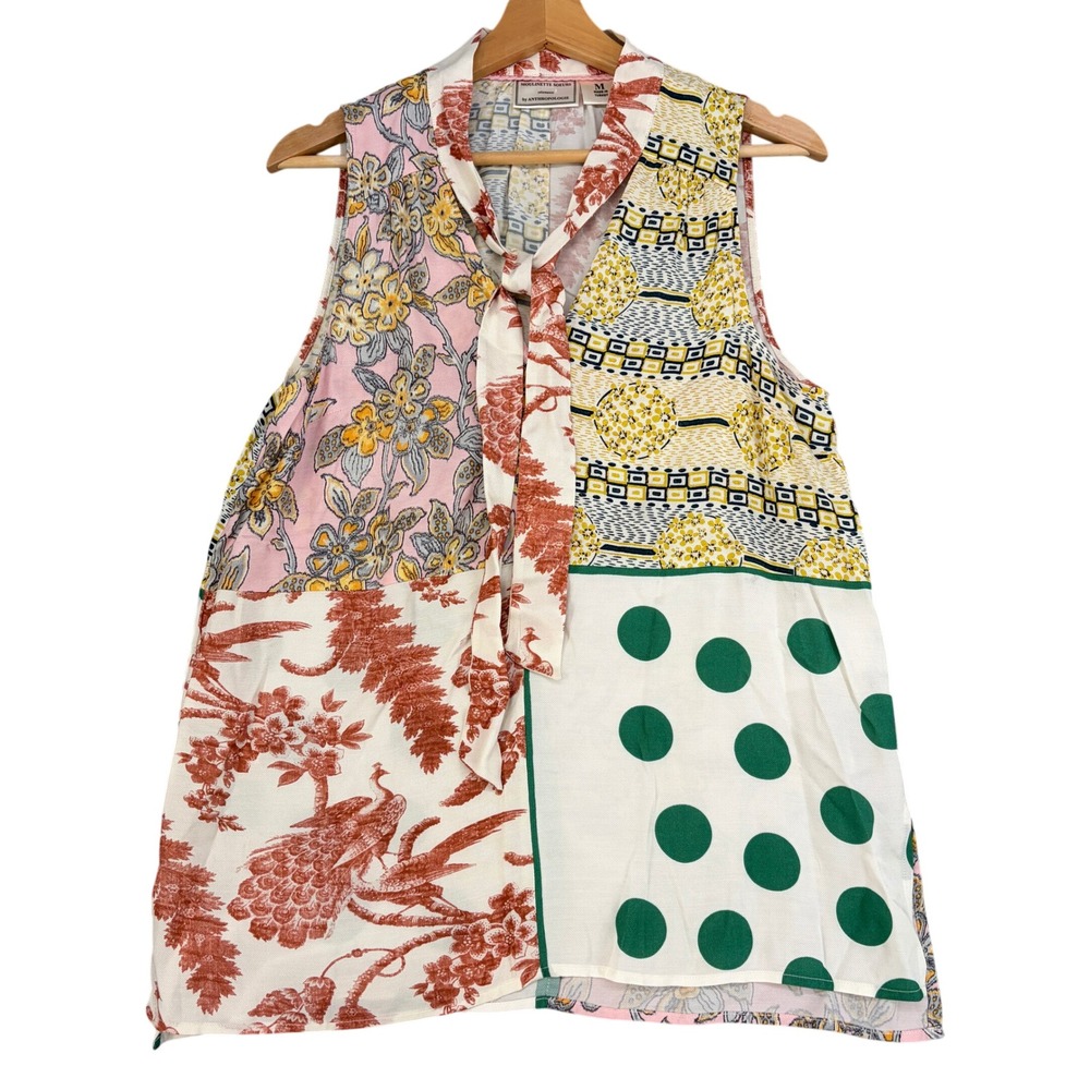 Moulinette Soeurs Anthropologie Patchwork Tie Neck Blouse Sleeveless Medium Boho